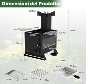 Barbecue a Carbonella, Stufa a Legna Portatile con Porta Pentole, Teglia da Forno e 2 Griglie, Grill da Esterno per Campeggio e Viaggio in Camper, Escursioni, 54 x 36 x 44 cm