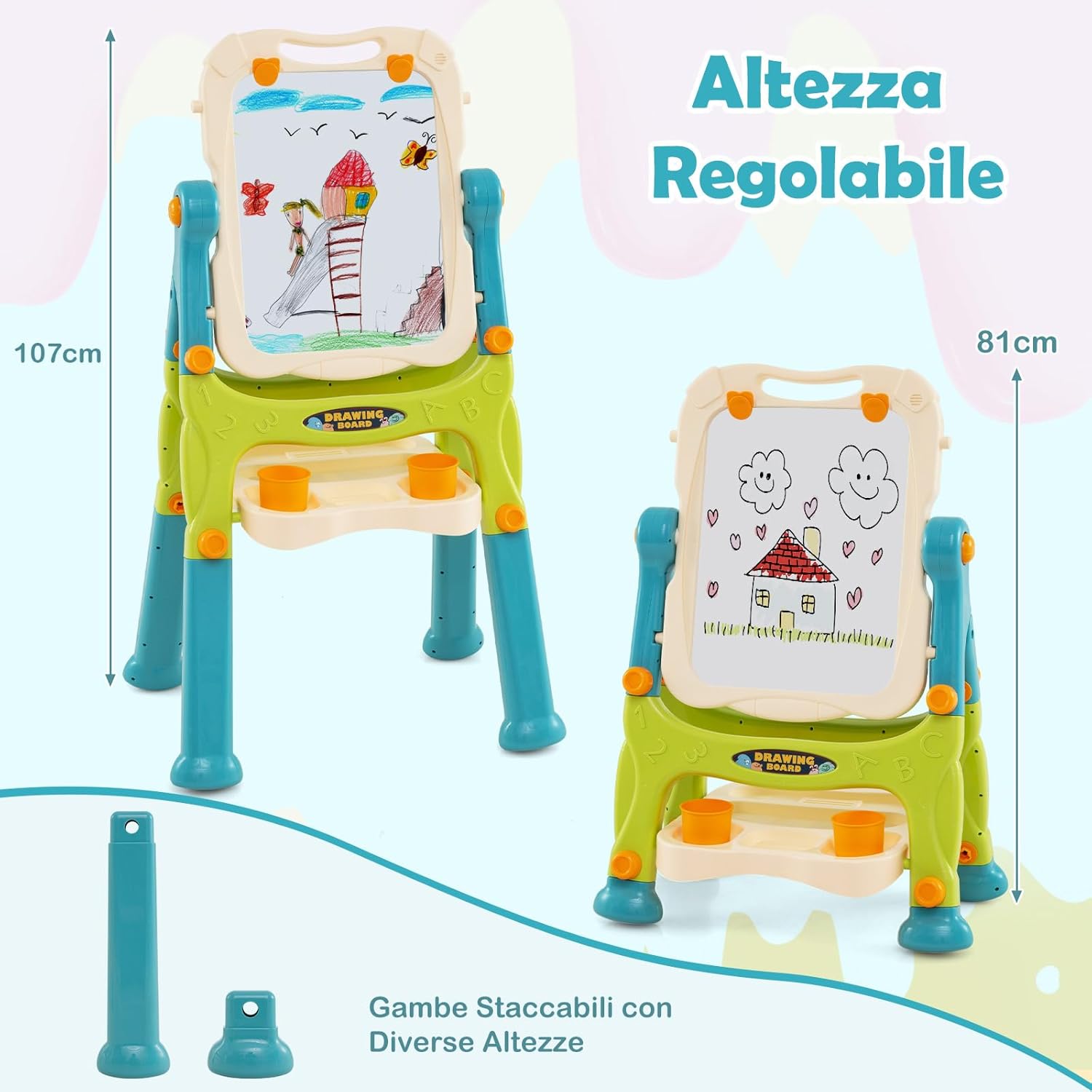Cavalletto per Bambini, Lavagna Magnetica a Doppia Faccia Regolabile in Altezza, Tavolo da Disegno Staccabile con Manico Portatile e 2 Tazze, per Bambini 3 Anni + (Verde+Blu)