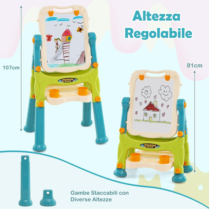 Cavalletto per Bambini, Lavagna Magnetica a Doppia Faccia Regolabile in Altezza, Tavolo da Disegno Staccabile con Manico Portatile e 2 Tazze, per Bambini 3 Anni + (Verde+Blu)