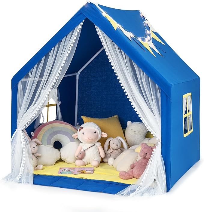 Tenda da Gioco per Bambini, Casetta per Bambini con Tappeto in Cotone Lavabile Luci Stellari e Finestre, Tenda del Castello, 122x105x125 cm (Blu)
