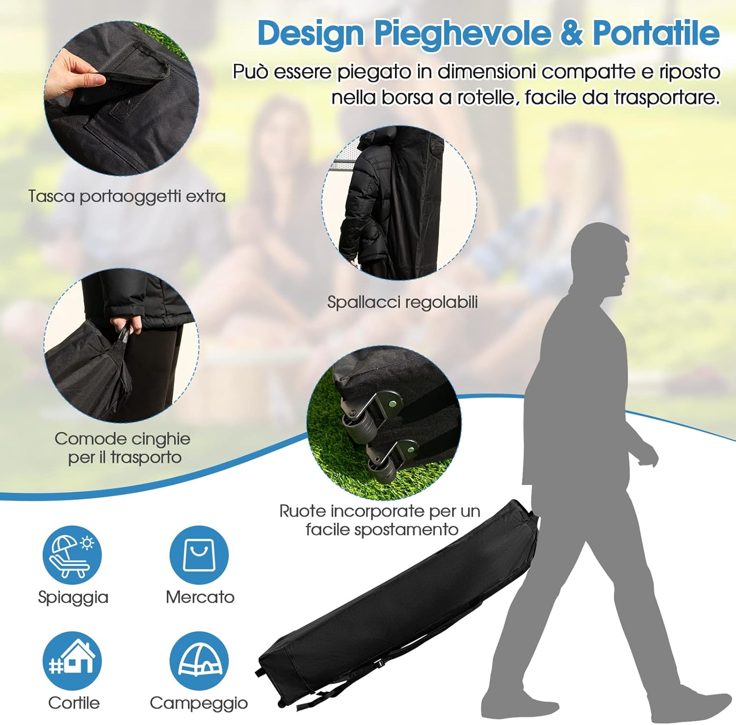 Gazebo Pieghevole da Giardino 3 x 3 M, Impermeabile, Altezza Regolabile, Gazebo da Esterno con Rete, per Spiaggia, Campeggio, Patio, Mercato, Bianco