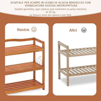 Scarpiera a 2 Livelli, Scaffale per Scarpe in Legno di Acacia Solido con Ganci Laterali in Metallo, Contiene 12 Paia, Capacità di Ogni Ripiano 20 kg, 74 x 26 x 42 cm (2 Livelli)