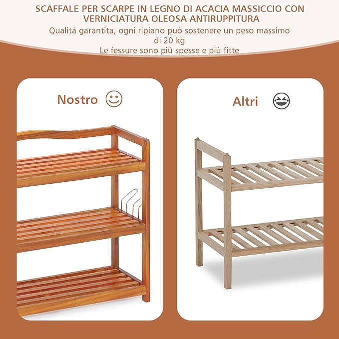 Scarpiera a 2 Livelli, Scaffale per Scarpe in Legno di Acacia Solido con Ganci Laterali in Metallo, Contiene 12 Paia, Capacità di Ogni Ripiano 20 kg, 74 x 26 x 42 cm (2 Livelli)