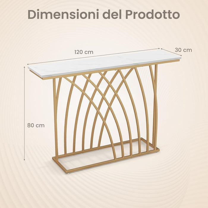 Tavolo Consolle, Tavolo da Ingresso Moderno con Piano Effetto Marmo Bianco, Base Geometrica, Tavolo Lungo e Stretto da Divano per Soggiorno e Ingresso