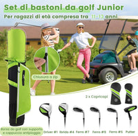 Set di Mazze da Golf per Bambini con Sacca, Fodera Impermeabile, Driver 1, Ibrido 5, Ferro 7, Ferro 9, Ferro S e Putter, Set Allenamento Golf per 11-13 Anni, Destrorso