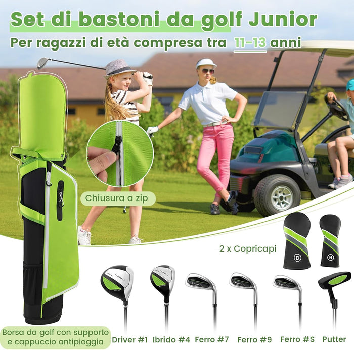Set di Mazze da Golf per Bambini con Sacca, Fodera Impermeabile, Driver 1, Ibrido 5, Ferro 7, Ferro 9, Ferro S e Putter, Set Allenamento Golf per 11-13 Anni, Destrorso