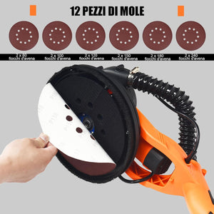 Levigatrice per Muro a Secco 750W, Levigatrice Elettrico per Cartongesso Pieghevole Estensibile, Velocità Regolabile 800-1750RPM, con Luci LED e 12 Dischi Abrasivi