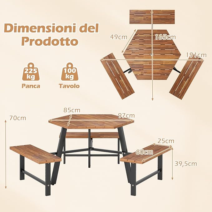 Set Tavolo con 3 Panche in Legno di Acaccia, con Foro per Ombrellone, Tavolo da Campeggio con Telaio in Metallo, Set Mobile da Picnic per Cortile Patio