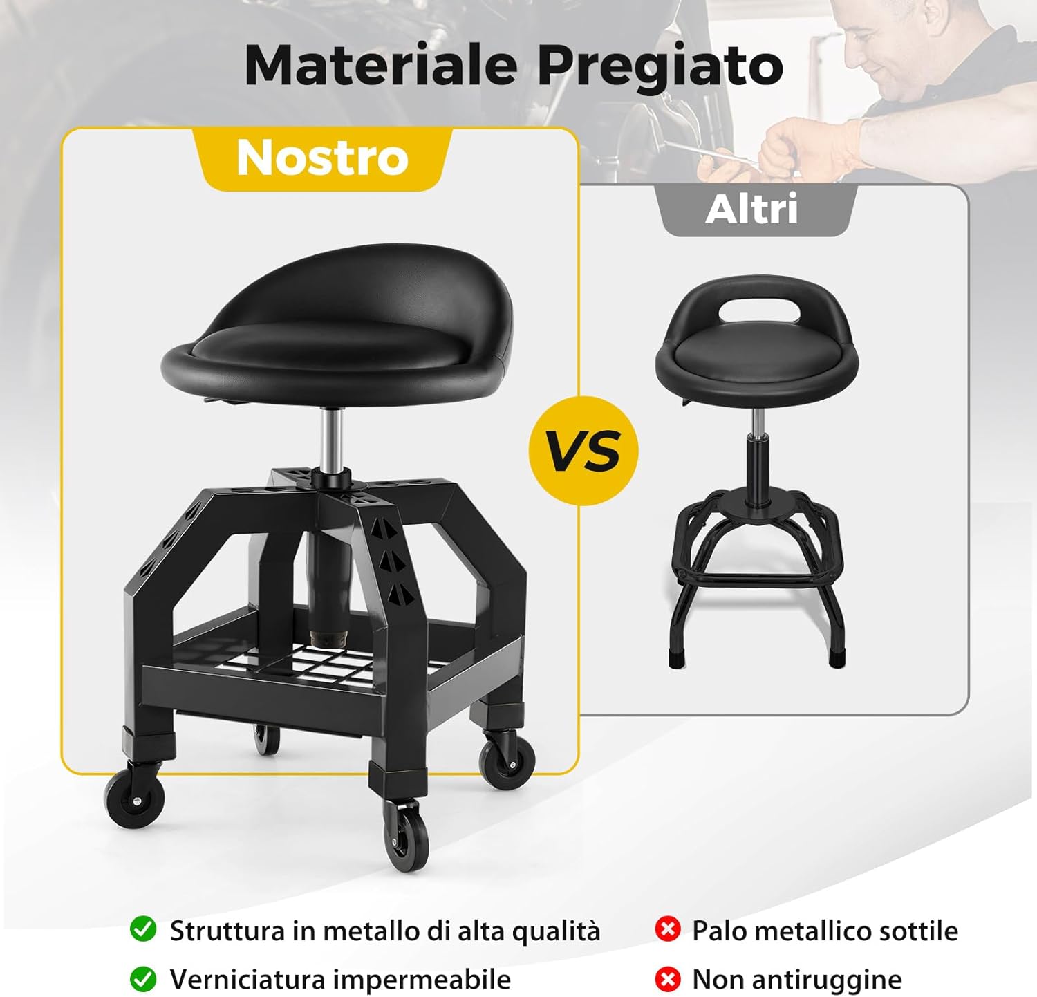 Sgabello da Officina, Sgabello Meccanico Rotante con Vassoio Porta Attrezzi, Regolabile in Altezza e 4 Ruote Universali, capacità di 150 kg, per Garage, Officina (Nero)