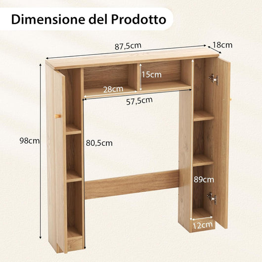 Scaffale Sopra WC, Mobile per Bagno con Doppia Anta, 2 Scomparti Aperti e 4 Ripiani Regolabili, Scaffale Salvaspazio da Terra per Bagno Lavanderia, 87,5x18x98 cm (Naturale)