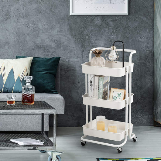 Carrello con 3 cesti e Maniglia, Carrello Multifunzione con Ruote, 87 x 35 x 42 cm，Nero/Bianco (Bianco)