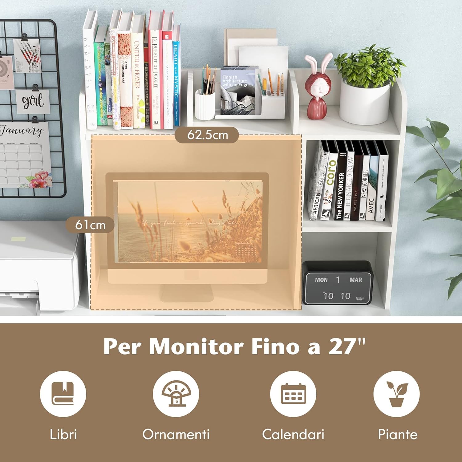 Scaffale da Scrivania in Legno, Libreria da Tavolo Salvaspazio con 4 Ripiani e Scomparto Aperto, Scaffale Espositivo per Computer, Casa Ufficio, 94x25x74 cm (Bianco)