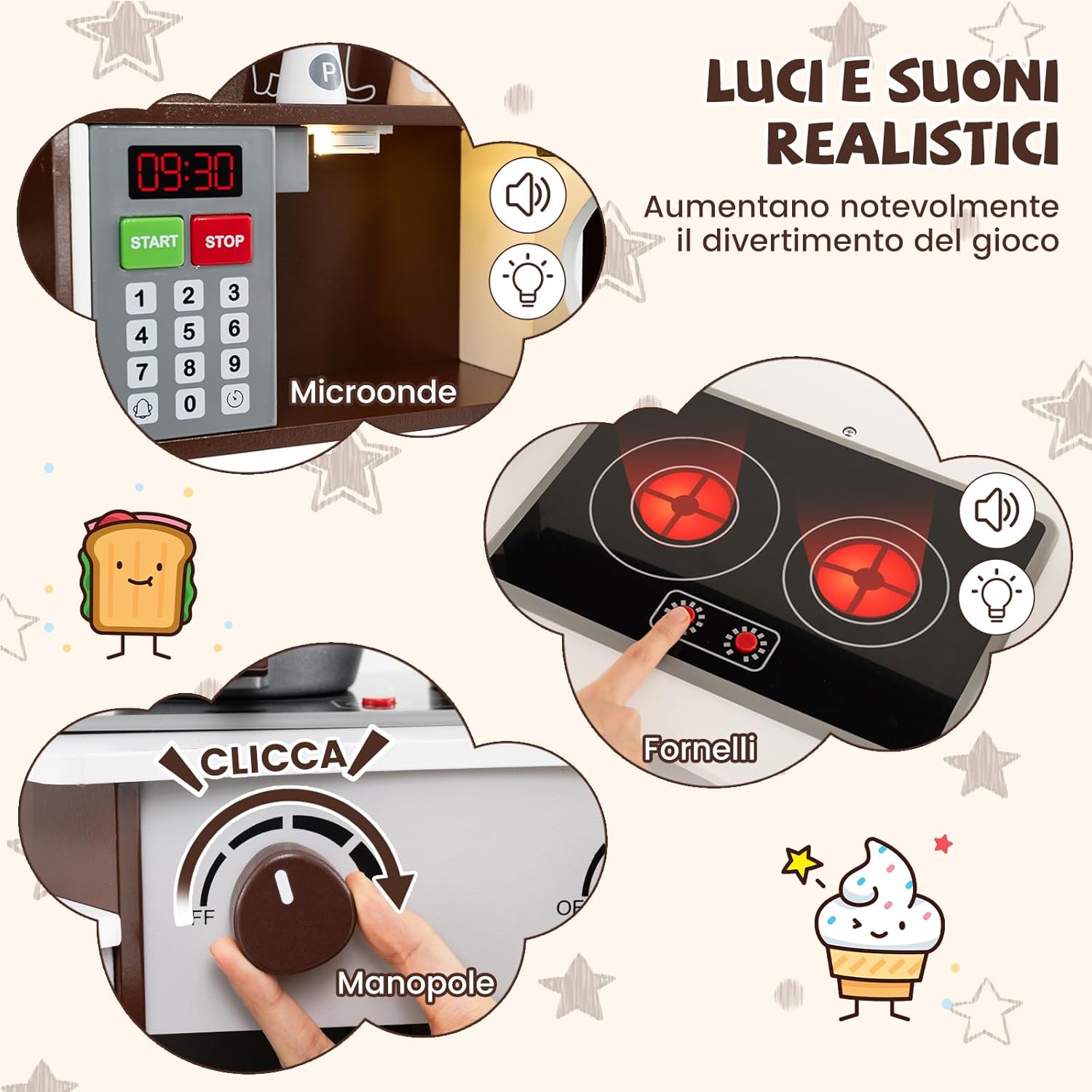 Cucina Giocattolo Angolare con Fornelli e Micronde da Suoni e Luci, Cucina per Bambini in Legno con Macchina Caffè, Lavandelo, Forno e Lavatrice, Set Cucina con Accessori (Marrone)