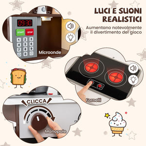 Cucina Giocattolo Angolare con Fornelli e Micronde da Suoni e Luci, Cucina per Bambini in Legno con Macchina Caffè, Lavandelo, Forno e Lavatrice, Set Cucina con Accessori (Marrone)