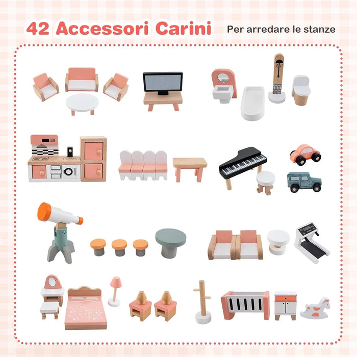 Casa delle Bambole in Legno, Casa delle Bambole a 3 Piani con 41 Mobili e Accessori, per Bambini 3 Anni+, 87 x 32 x 94 cm