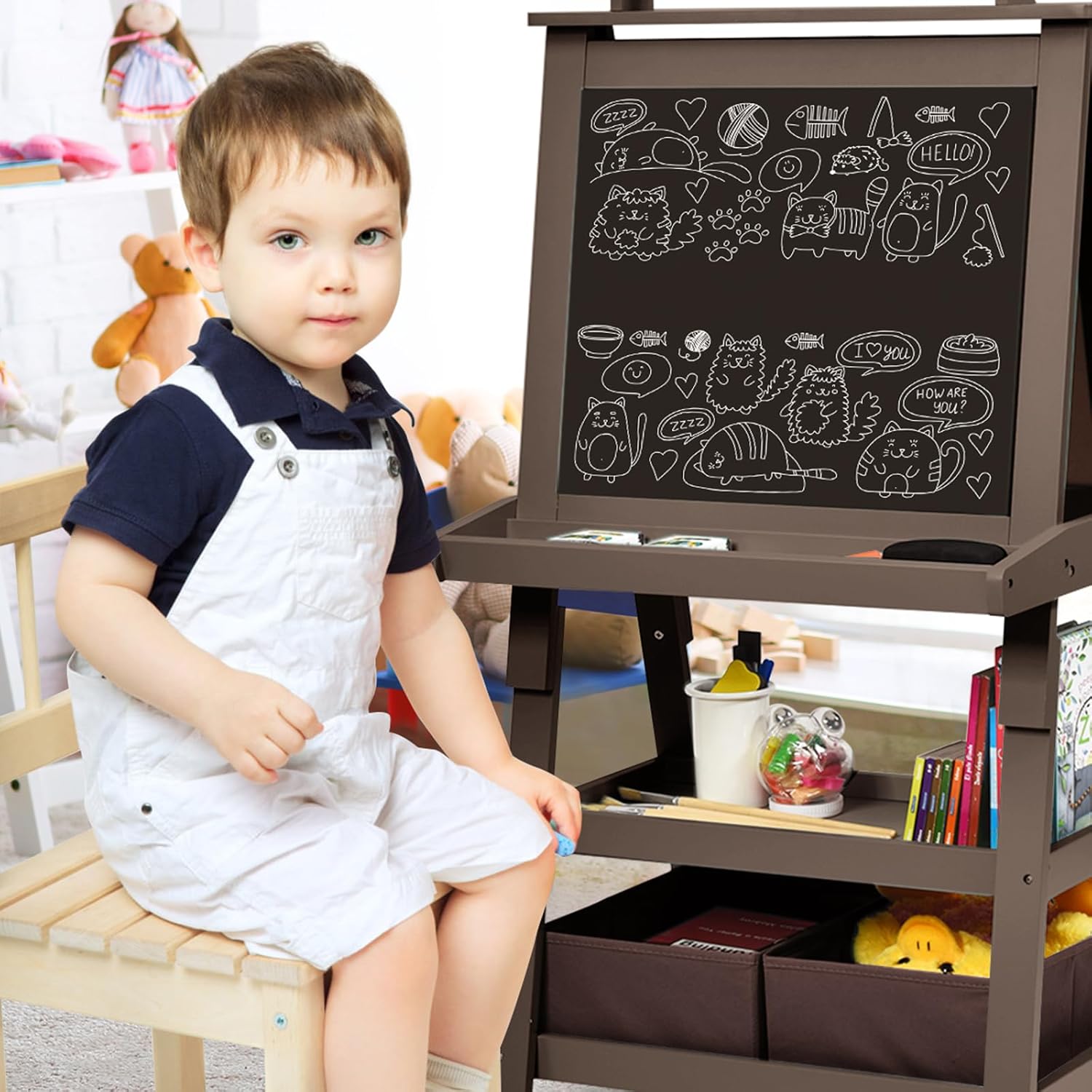 3 in 1 Cavalletto per Bambini con Doppia Faccia, Cavalletto per Disegno con 2 Vassoi e 2 Scatole, Lavagna Bambini in Legno (caffè)
