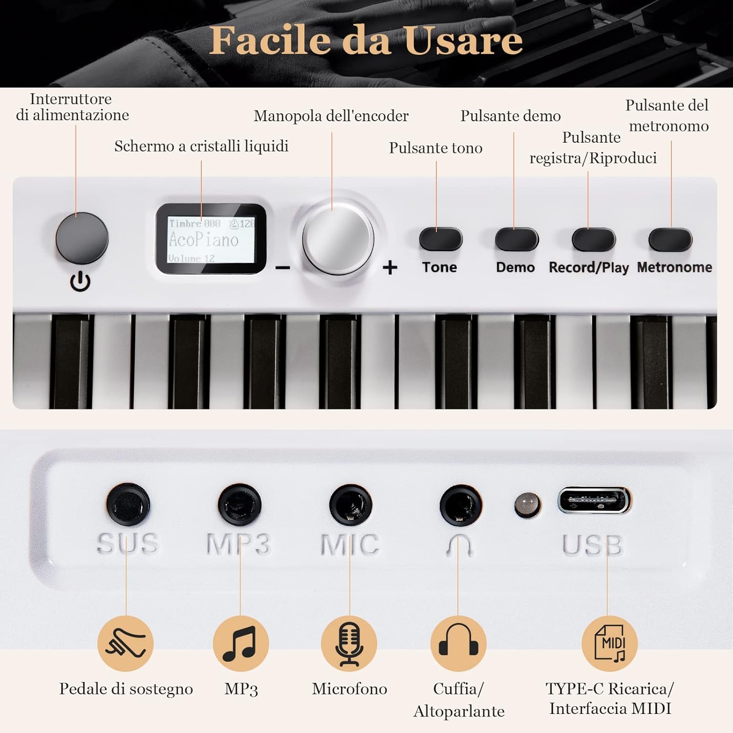 Tastiera Elettronica 88 Tasti Semi-Pesati Illuminati, Pianoforte Digitale Pieghevole Portatile con Custodia, Sustain Pedali, Modalità di Insegnamento, MP3/USB/MIDI/Bluetooth (Bianco)
