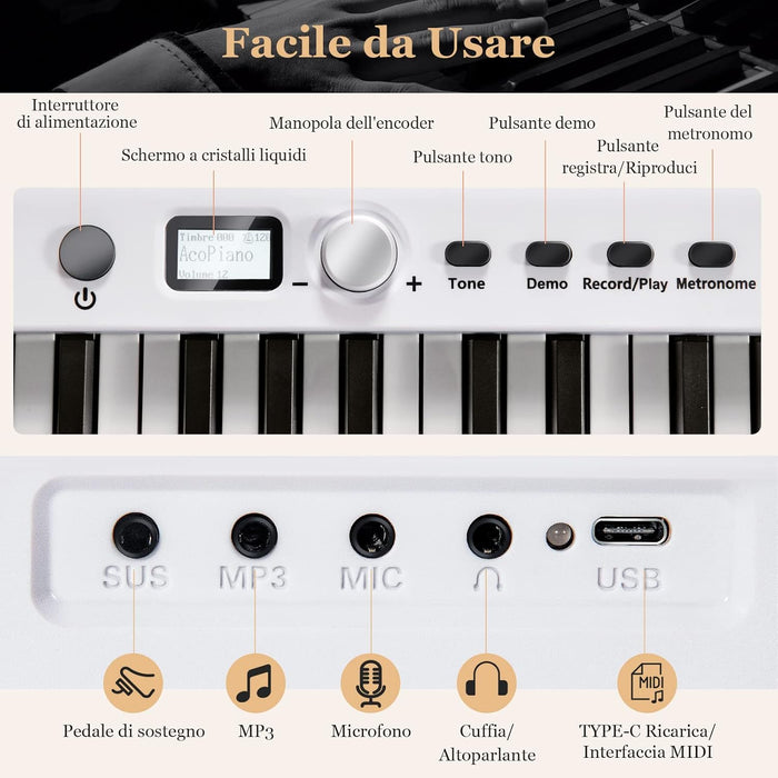 Tastiera Elettronica 88 Tasti Semi-Pesati Illuminati, Pianoforte Digitale Pieghevole Portatile con Custodia, Sustain Pedali, Modalità di Insegnamento, MP3/USB/MIDI/Bluetooth (Bianco)
