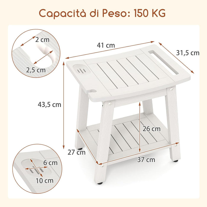 Sgabello da Doccia 41 x 31,5 x 43,5 cm, Mobile bagno in HIPS con Maniglia, Supporto per Soffione e Portasapone, Sedia da Doccia Impermeabile per Bagno, Spa e Vasca