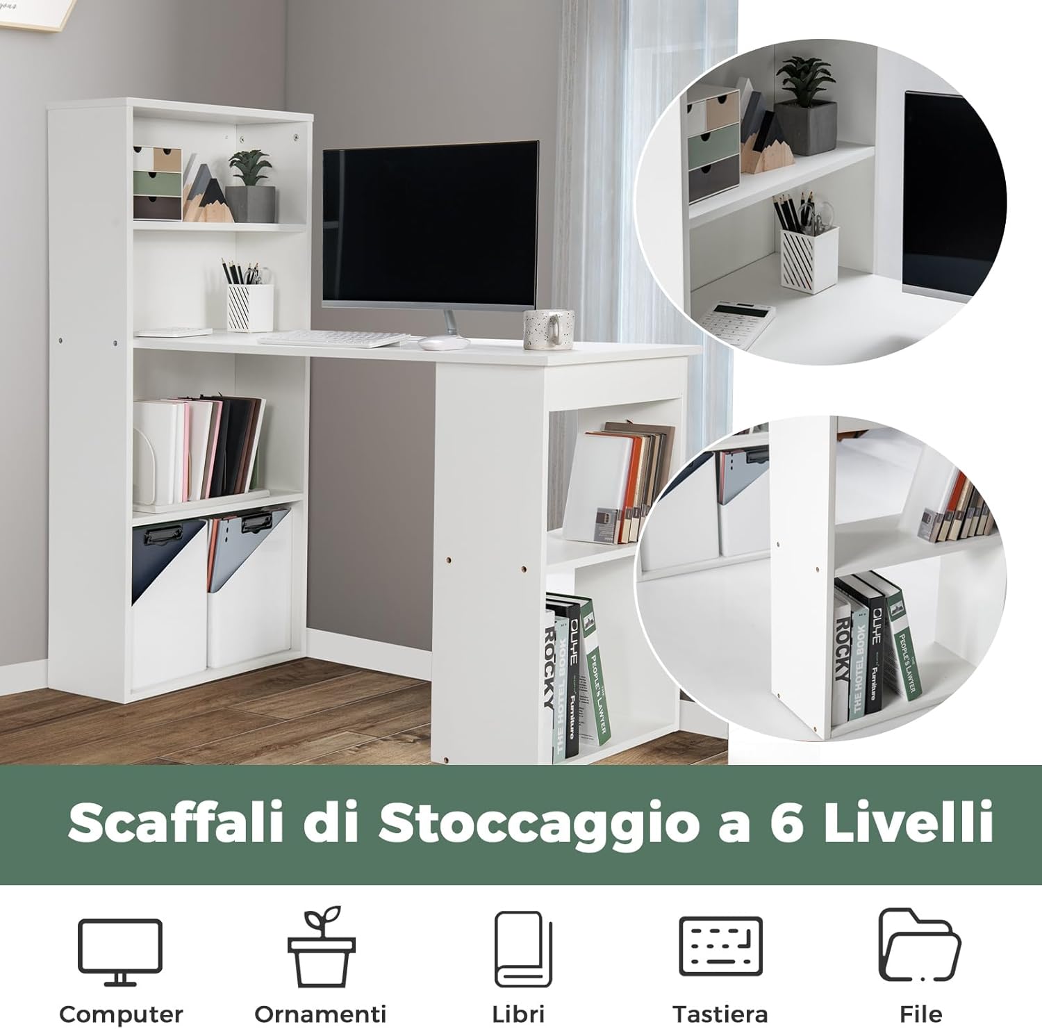 Scrivania per Computer con Libreria, Scrivania Moderna Porta PC con 6 Ripiani, Mobile Scrivania con Ripiani Regolabile Ampia Base per Casa, Ufficio, Naturale/Bianco (bianco)