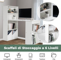 Scrivania per Computer con Libreria, Scrivania Moderna Porta PC con 6 Ripiani, Mobile Scrivania con Ripiani Regolabile Ampia Base per Casa, Ufficio, Naturale/Bianco (bianco)