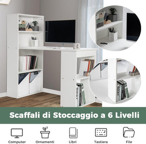 Scrivania per Computer con Libreria, Scrivania Moderna Porta PC con 6 Ripiani, Mobile Scrivania con Ripiani Regolabile Ampia Base per Casa, Ufficio, Naturale/Bianco (bianco)