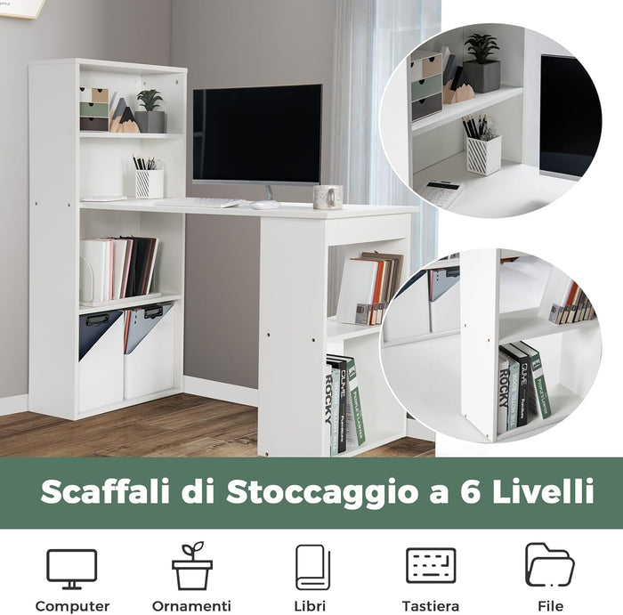 Scrivania per Computer con Libreria, Scrivania Moderna Porta PC con 6 Ripiani, Mobile Scrivania con Ripiani Regolabile Ampia Base per Casa, Ufficio, Naturale/Bianco (bianco)