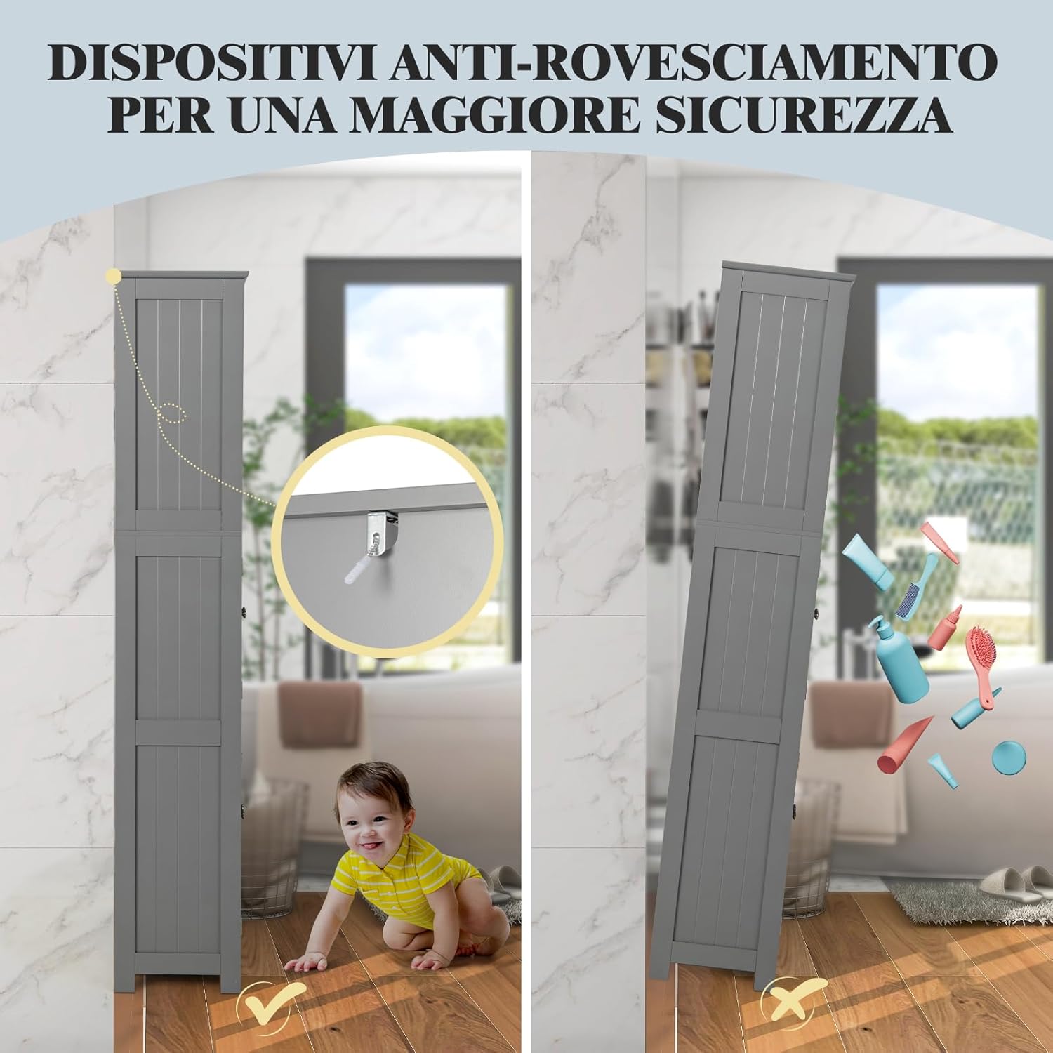 Armadio da Bagno, Mobiletto Alto da Terra con 2 Armadietti e Ripiani Regolabili, con Ante in Vetro, Mobile Portaoggetti Multiusi per Bagno Soggiorno, 60x30x163 cm (Grigio)