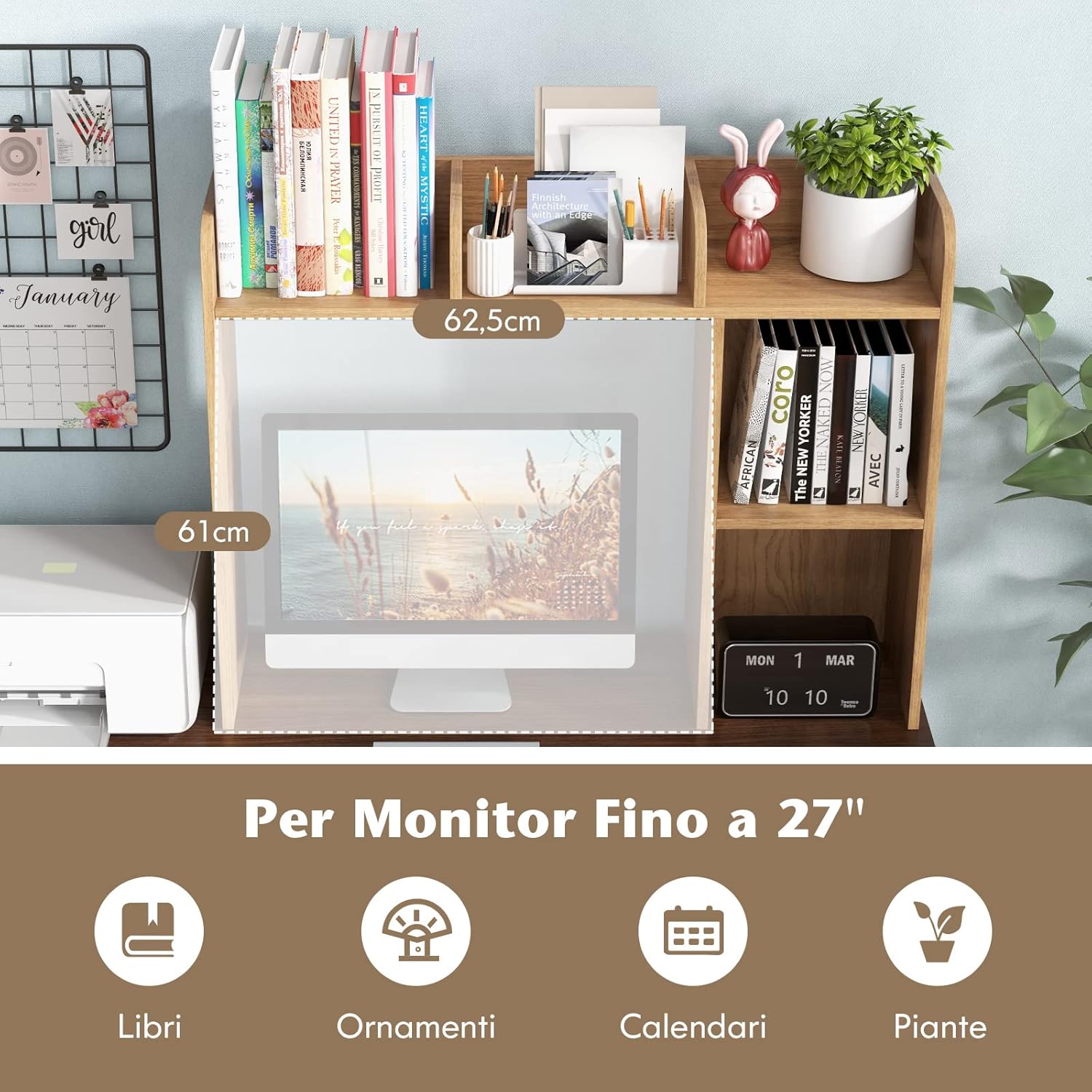 Scaffale da Scrivania in Legno, Libreria da Tavolo Salvaspazio con 4 Ripiani e Scomparto Aperto, Scaffale Espositivo per Computer, Casa Ufficio, 94x25x74 cm (Naturale)