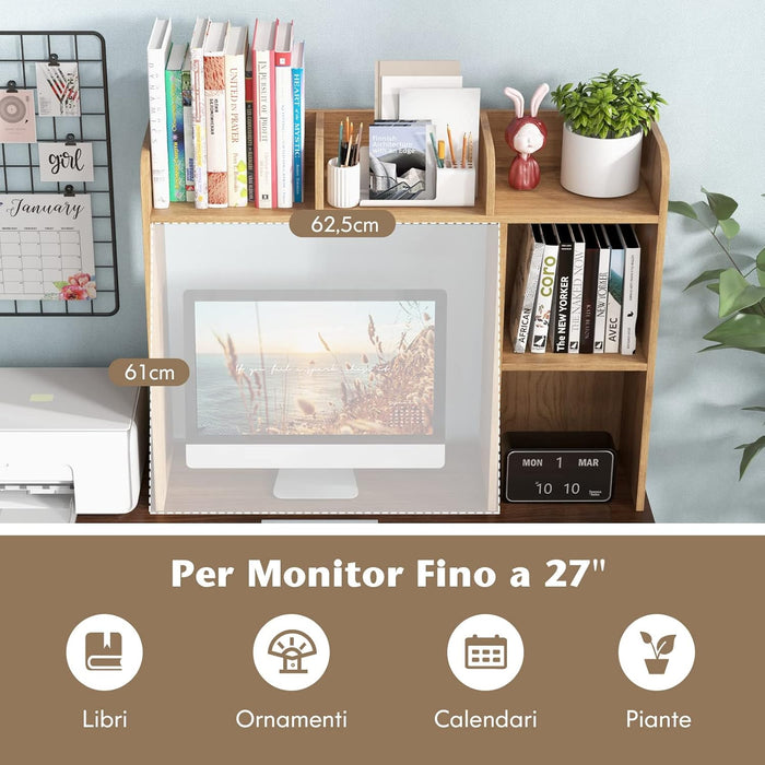 Scaffale da Scrivania in Legno, Libreria da Tavolo Salvaspazio con 4 Ripiani e Scomparto Aperto, Scaffale Espositivo per Computer, Casa Ufficio, 94x25x74 cm (Naturale)