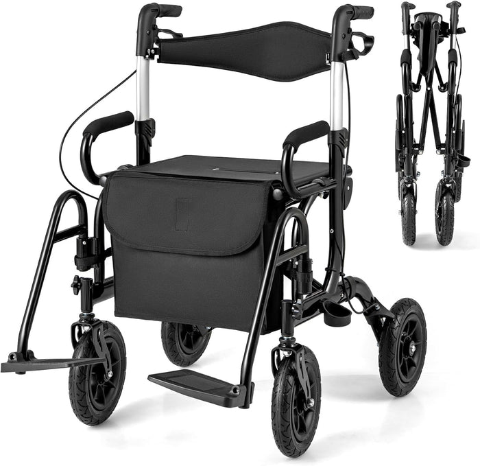 2 in 1 Deambulatore Pieghevole e Sedie a Rotelle per Anziani in Alluminio, Rollator Altezza Regolabile con Seduta e Freni, Girello per Anziani con Ruote Robuste, Carico Massimo 140 kg (Nero)