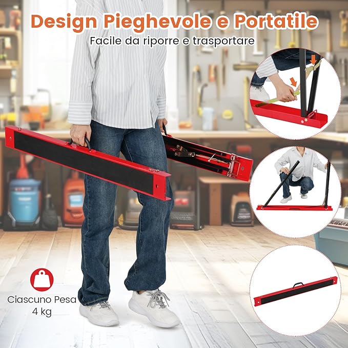 Set di 2 Cavalletti da Lavoro Pieghevoli, Cavalletto per Segare la Legna con Superficie Antiscivolo, Rinforzo a Cerniera e Maniglia, Carico Fino a 375 kg