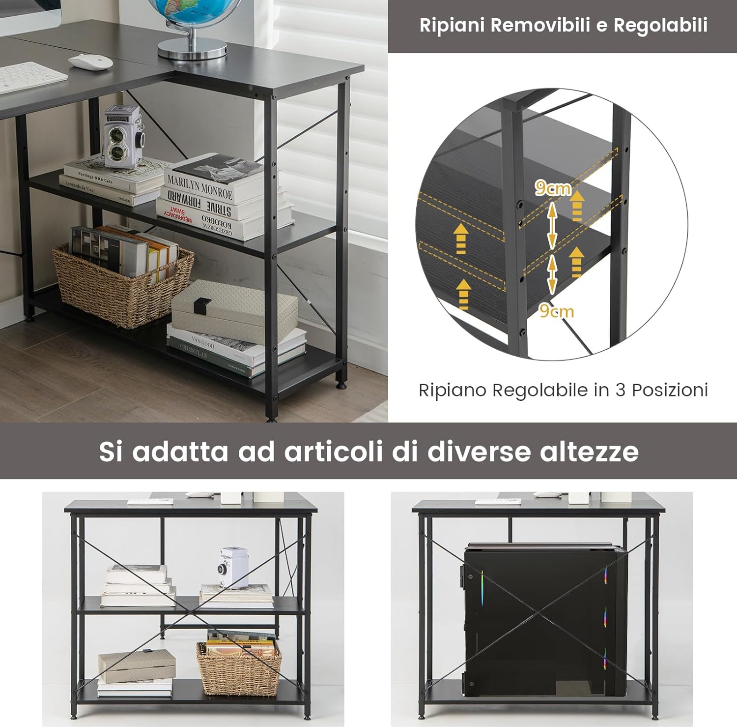Scrivania Angolare 120 CM, Scrivania per Computer ad Angolo con 2 Ripiani, Scrivania Ufficio Reversibile Moderna con Design Salvaspazio, 120 x 88 x 74,5 cm (Black)