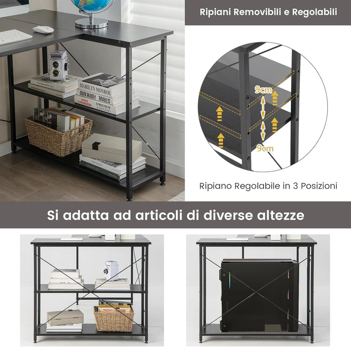 Scrivania Angolare 120 CM, Scrivania per Computer ad Angolo con 2 Ripiani, Scrivania Ufficio Reversibile Moderna con Design Salvaspazio, 120 x 88 x 74,5 cm (Black)