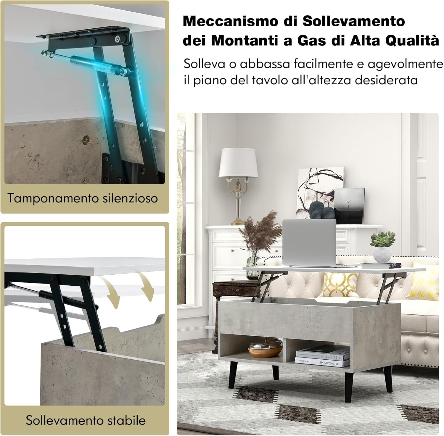 Tavolino Salotto Sollevabile in Legno, Tavolino da Caffè con Scomparto Nascosto e 2 Scaffali Aperti, Tavolino Basso e Modern per Soggiorno, Sala Ricevimenti e Ufficio (Grigio)
