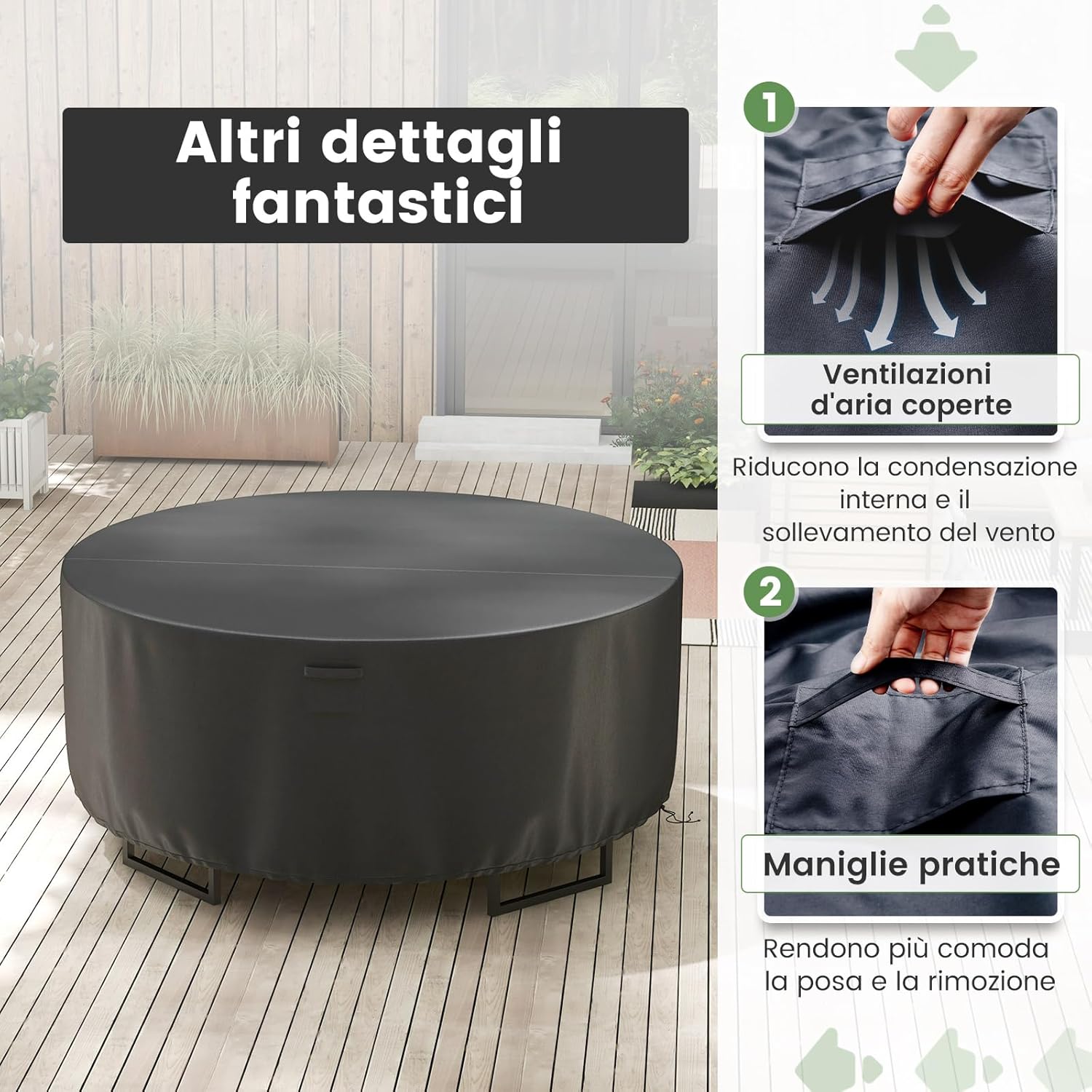 Copertura per Mobili da Giardino Rotonda da 158/183/213 CM, Copertura per Tavolo e Sedie da Esterno con Ventilazione, Fibbie e Coulisse, Impermeabile (L, Nero)