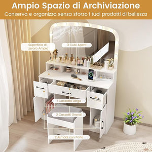 Toeletta da Trucco con 10 Luci, Set Tavolo e Sgabello da Trucco con Stazione di Ricarica, 3 Colori di Luce, 3 Cassetti, 2 Armadietti, Consolle Toeletta per Soggiorno Camera da Letto (Bianco)
