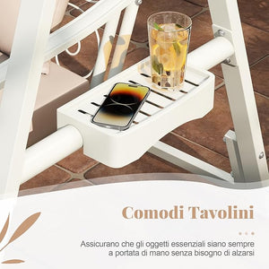 Sedia Sospesa da Esterno, Sedia a Dondolo Singola con Cuscini Removibili e Tavolini Laterali per Giardino, Portata 160 kg, Altalena con Supporto da Esterno ed Interno (Bianco)