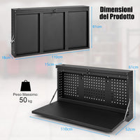 Banco da Lavoro Pieghevole a Parete, Organizzatore 2 in1 con Pannello Portautensili e Piano Spazioso, Tavolo da Lavoro Appeso per Garage, Magazzino, Officina, Nero