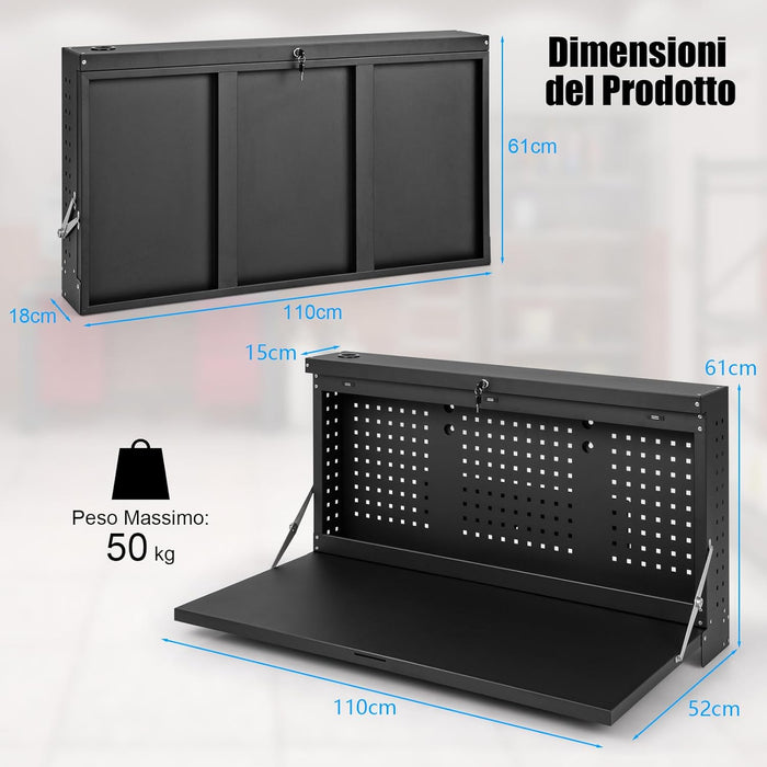 Banco da Lavoro Pieghevole a Parete, Organizzatore 2 in1 con Pannello Portautensili e Piano Spazioso, Tavolo da Lavoro Appeso per Garage, Magazzino, Officina, Nero