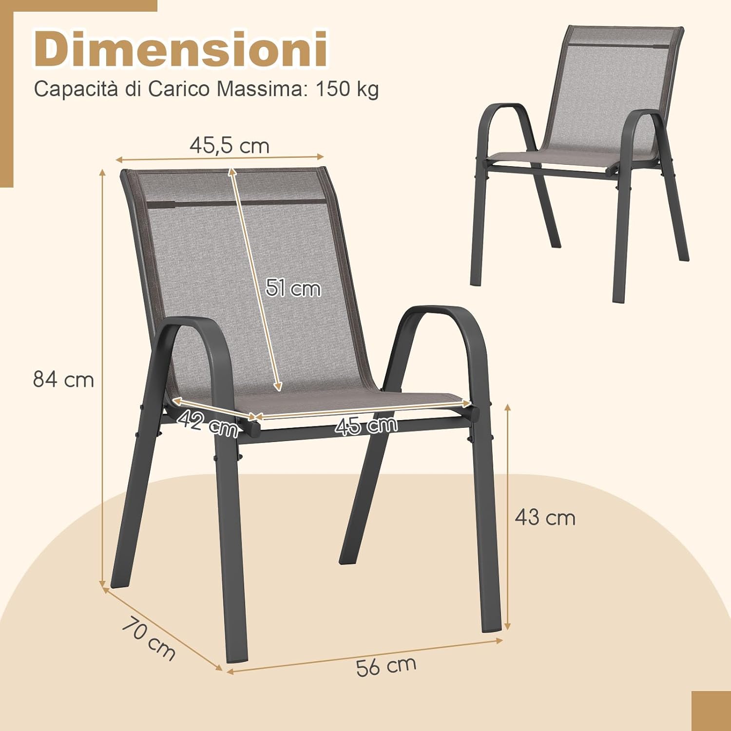Set di 2/4 Sedie da Giardino, Poltrone in Tessuto Textilene per Esterno, Sedie Impilabili con Gambe in Metallo, Portata 150 kg, 56 x 70 x 84 cm (Grigio,2)