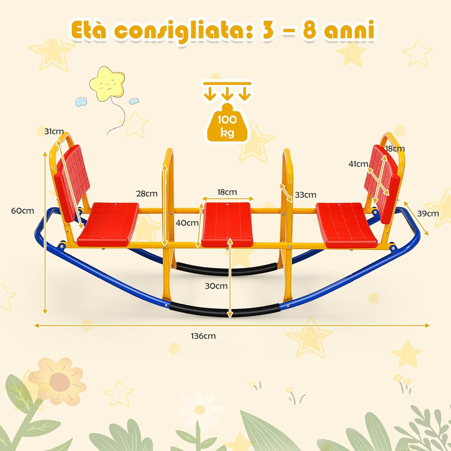Altalena Saliscendi per Bambini, Altalena Basculante Oscillante di Metallo con Maniglie, Altalena Basculante per Interno ed Esterno, 3 Posti a Sedere (Rosso)