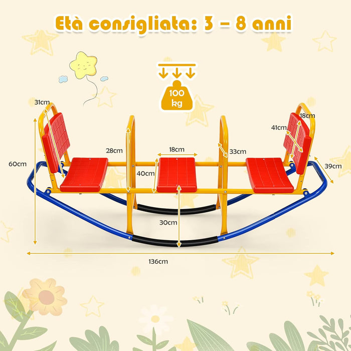 Altalena Saliscendi per Bambini, Altalena Basculante Oscillante di Metallo con Maniglie, Altalena Basculante per Interno ed Esterno, 3 Posti a Sedere (Rosso)