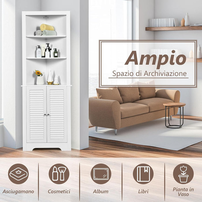 Armadio Angolare 60 x 44,5 x 173 cm, Mobile Angolare con 3 Ripiani Aperti e 2 Ante, Mobiletto Bagno Salvaspazio per Ingresso, Cucina e Salotto