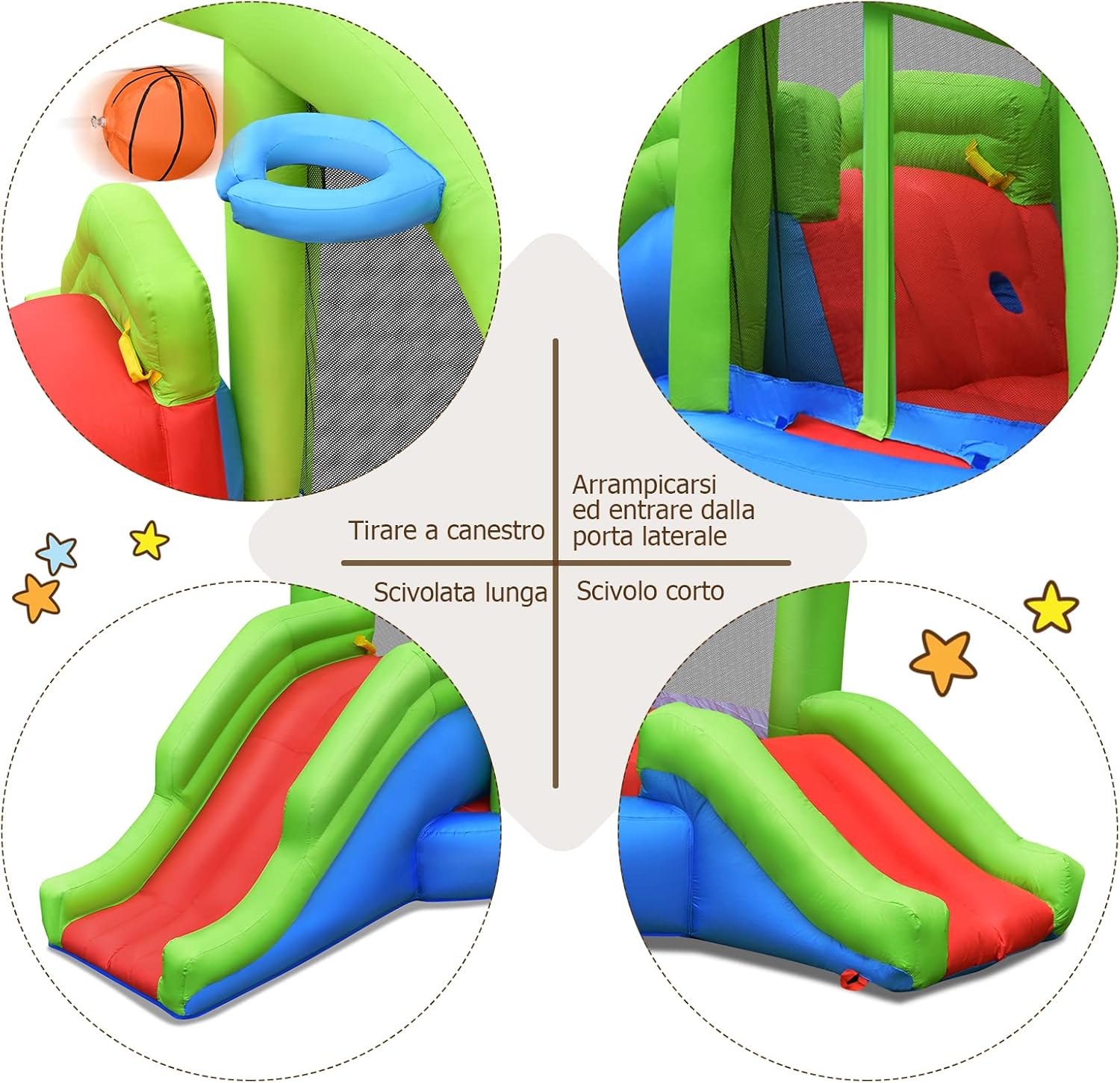 Castello Gonfiabile per Bambini, Casa Gonfiabile con Trampolino, 2 Scivoli, Parete da Arrampicata, Borsa di Trasporto e Kit di Riparazione, per Esterno e Interno (Senza soffiatore)