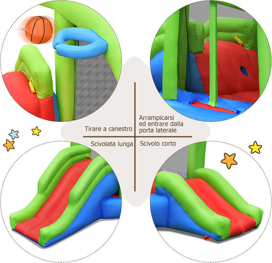Castello Gonfiabile per Bambini, Casa Gonfiabile con Trampolino, 2 Scivoli, Parete da Arrampicata, Borsa di Trasporto e Kit di Riparazione, per Esterno e Interno (Senza soffiatore)