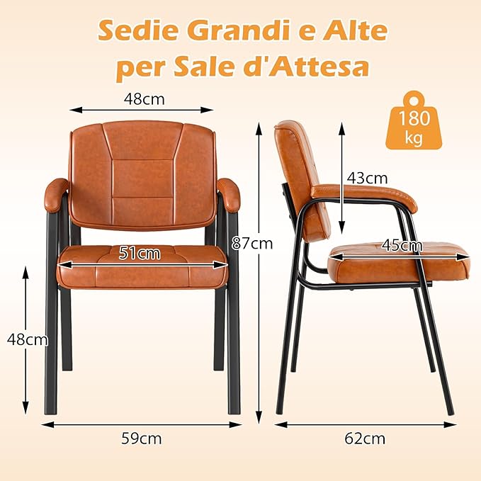 Set di 2 Sedie da Ufficio, Sedia per Sala d'Attesa con Struttura in Metallo, Braccioli Imbottiti, Sedia da Ospiti per Ufficio Riunioni, Portata 180kg (Marrone)