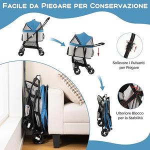 Passeggino per Cani Pieghevole 3 in 1, Carrello per Animali Domestici con Tettuccio Regolabile e Cesto, Trasportino a 4 Ruote per Cani di Piccola e Media Taglia (Azzurro)