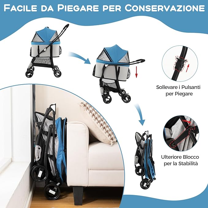 Passeggino per Cani Pieghevole 3 in 1, Carrello per Animali Domestici con Tettuccio Regolabile e Cesto, Trasportino a 4 Ruote per Cani di Piccola e Media Taglia (Azzurro)