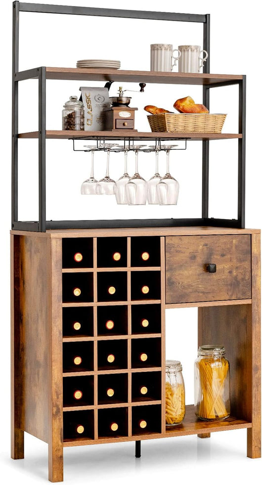 Mobile da Cucina con Cassetto, 4 Livelli Ripiani Aperti e Portabottiglie, Credenza Cucina in Legno e Metallo, per Fino a 18 Bottiglie, per Sala da Pranzo, Soggiorno, 78 x 40 x 160 cm